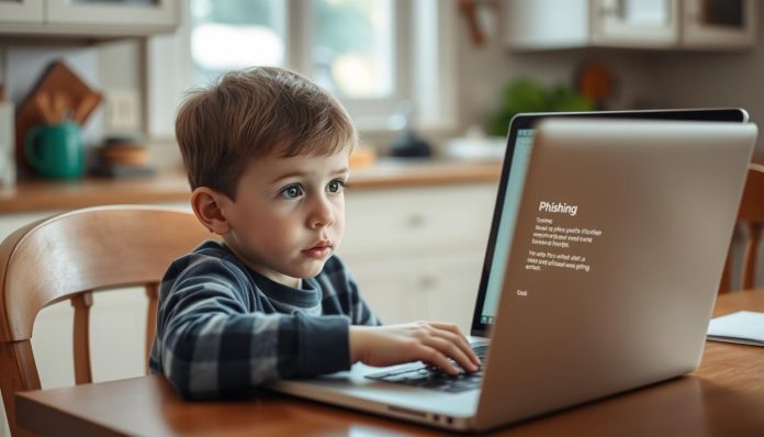 Child looking confused at laptop screen showing a suspicious phishing email during homework