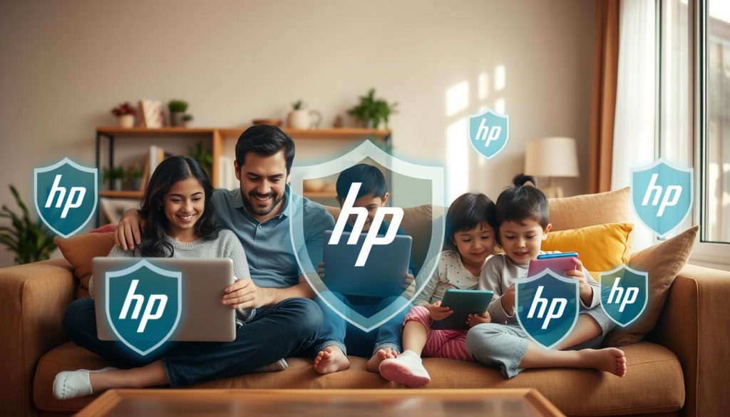Family using various devices safely with HPN Defender protection