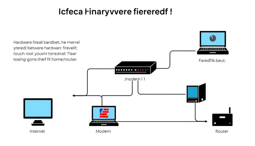 Hardware firewall installation showing simple setup between modem and router Hardware firewall installation showing simple setup between modem and router