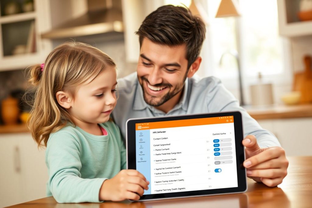 Parent and child looking at content filtering settings on HPN Defender interface